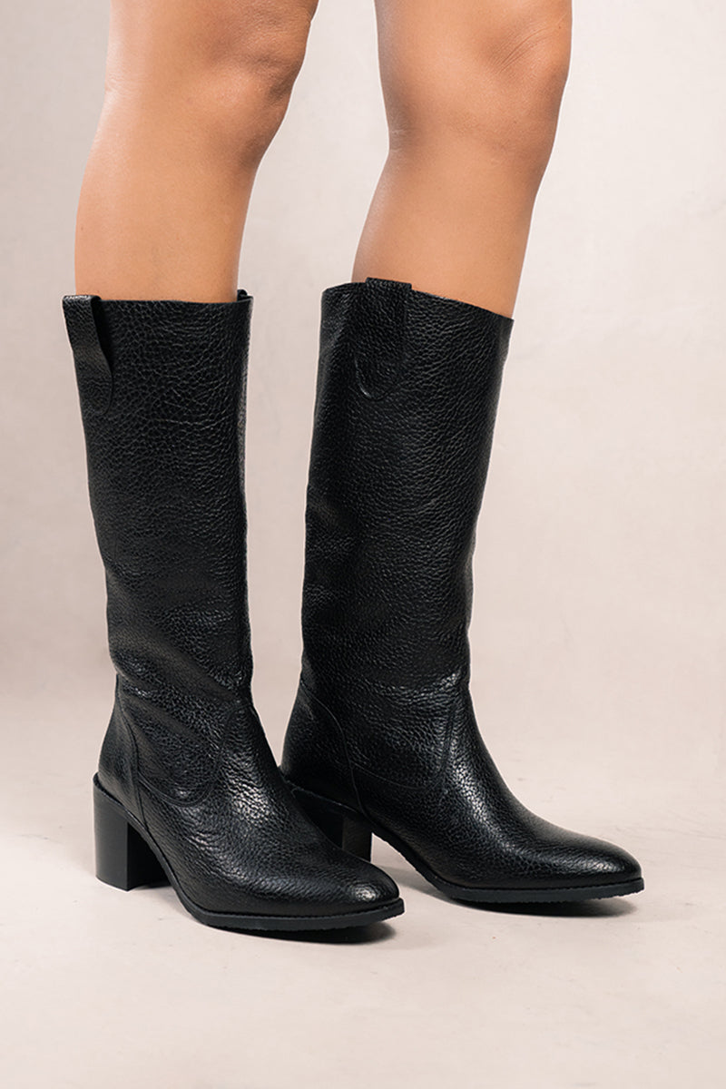 Black vintage leather hight boot - VALENTINA