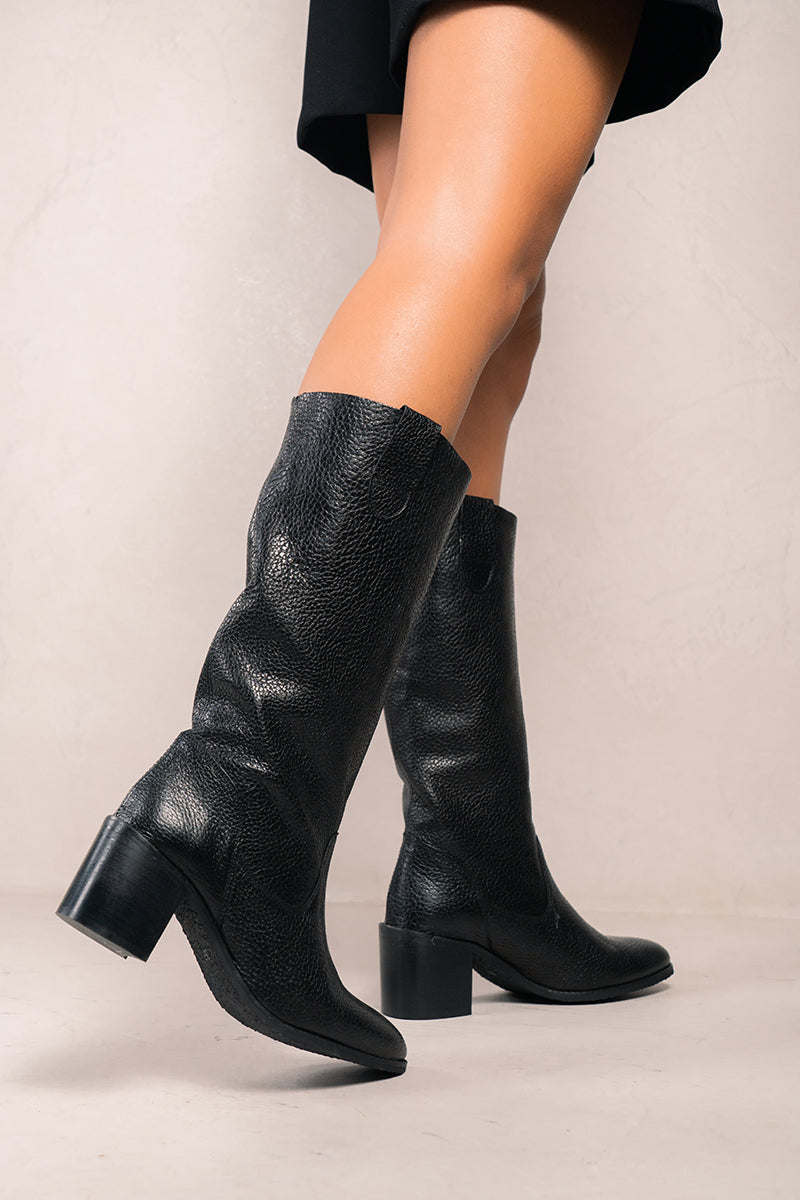 Black vintage leather hight boot - VALENTINA